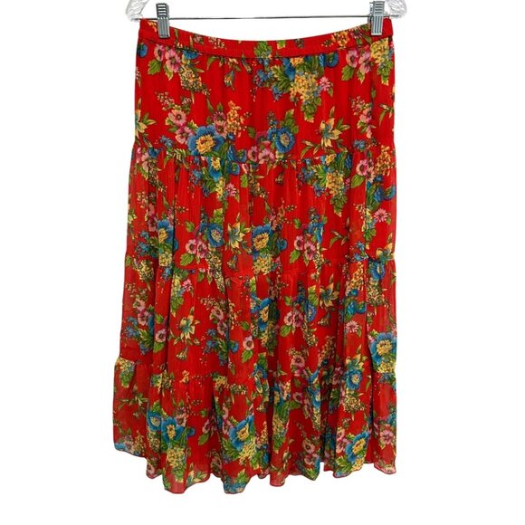 Linea By Louis DellOlio Floral Tiered Red Pleated MidiBoho Peasant Skirt Sz M - Picture 1 of 10